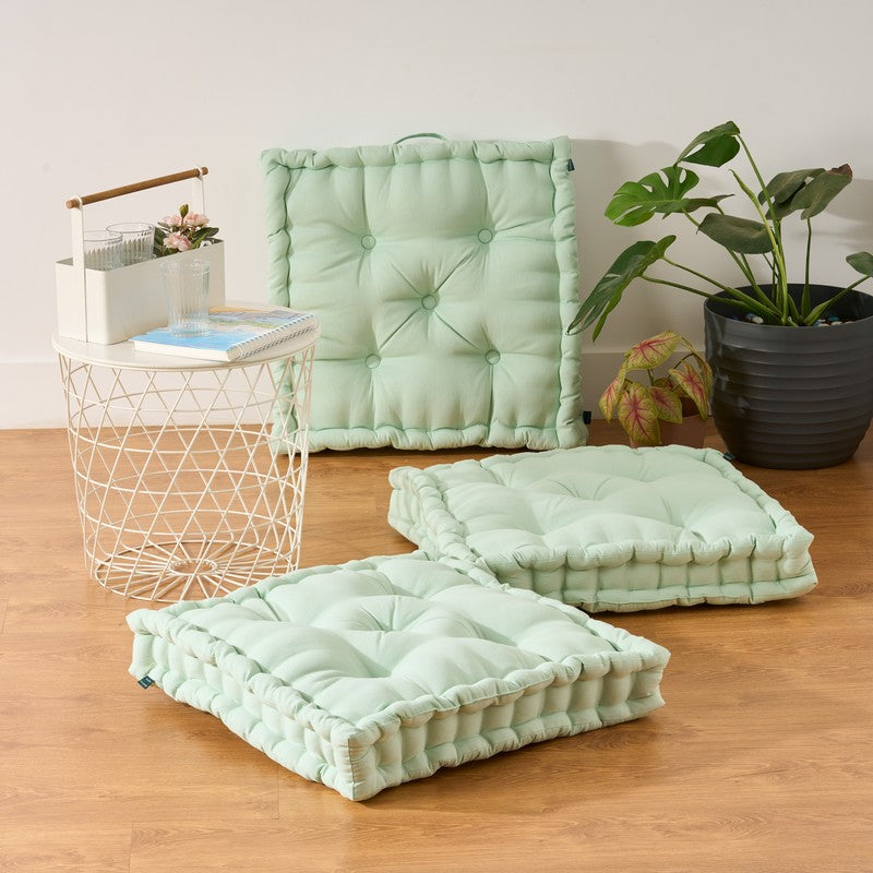 Fluffscape Solid Cotton Floor Cushion (Sage Green) - Set Of Three