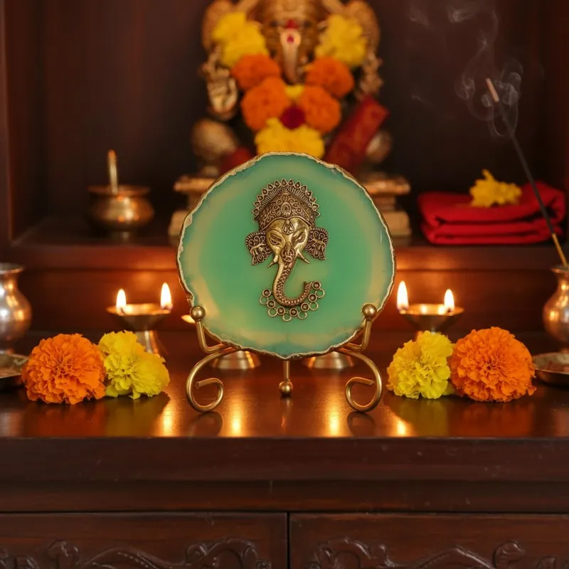 Ganesha Grace Agate Showpiece With Stand - Green media 1