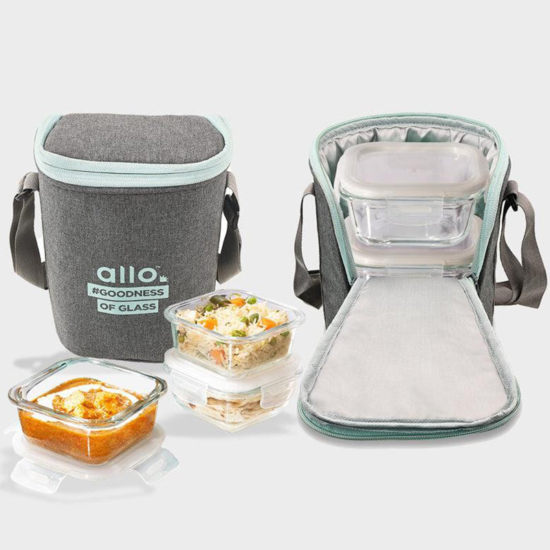 Oliva Square Glass Lunch Box With Grey Lunch Bag (320 ML) - Four Piece Set media 6