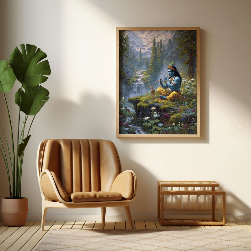 Vrindavan Bihari Lord Krishna Playing Fluit I Archival Paper Wall Art - Natural Brown Frame
