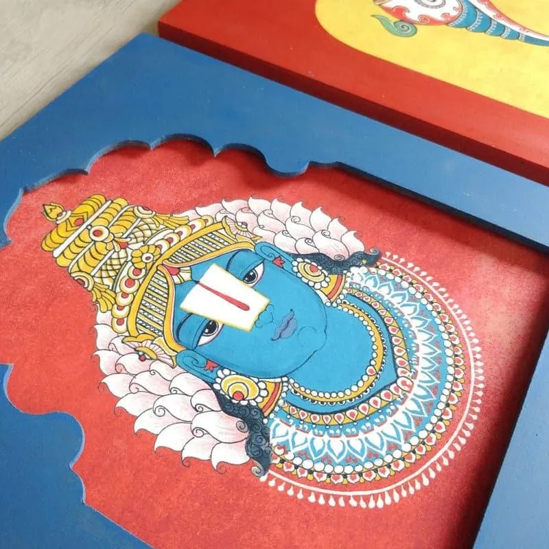 Close-up of a colourful Vishnu portrait with an arched border