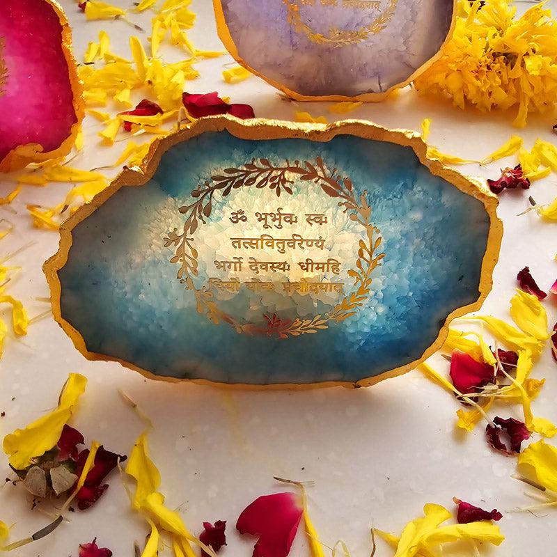 Festive Gayatri Mantra Agate Tealight Candle Holder - Turquoise media 4