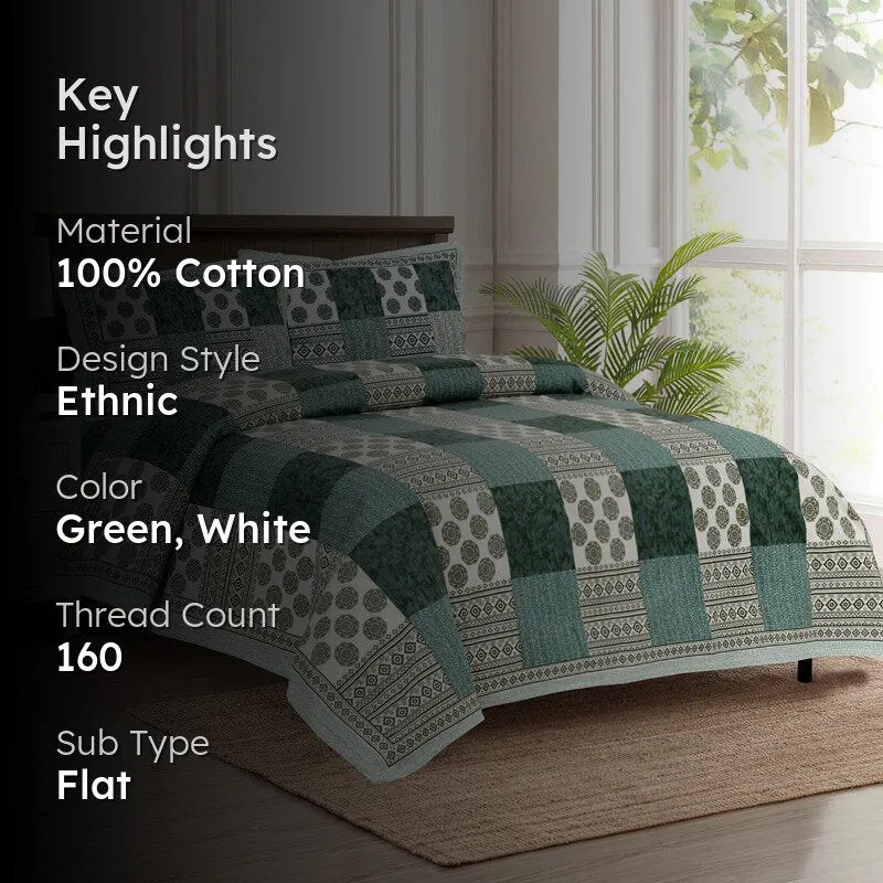 Lamora Ethnic Cotton Bedsheet (Green, White) - 160 TC media 2