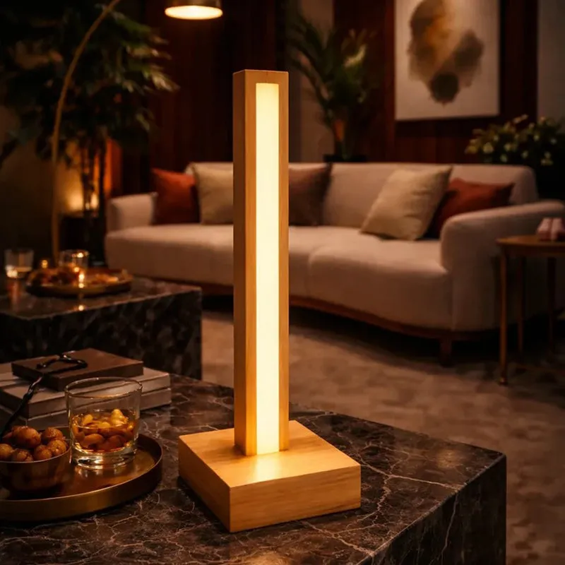 Modern Vertical Pine Wood LED Table Lamp - Brown media 3
