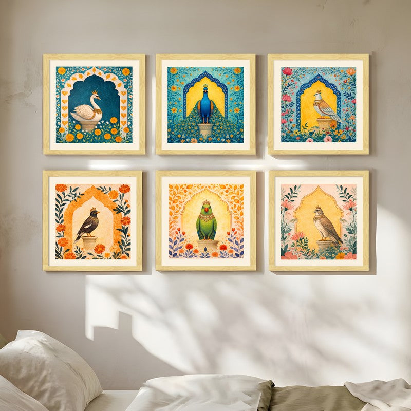 Ornate Garden Birds Paper Wall Painting With Frame - Set Of Six