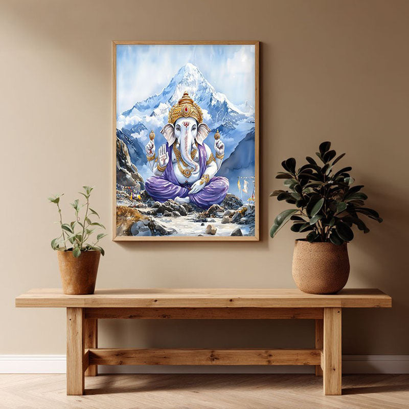 Ganapati Of The Heights Spiritual Archival Paper Wall Painting - Natural Brown Frame