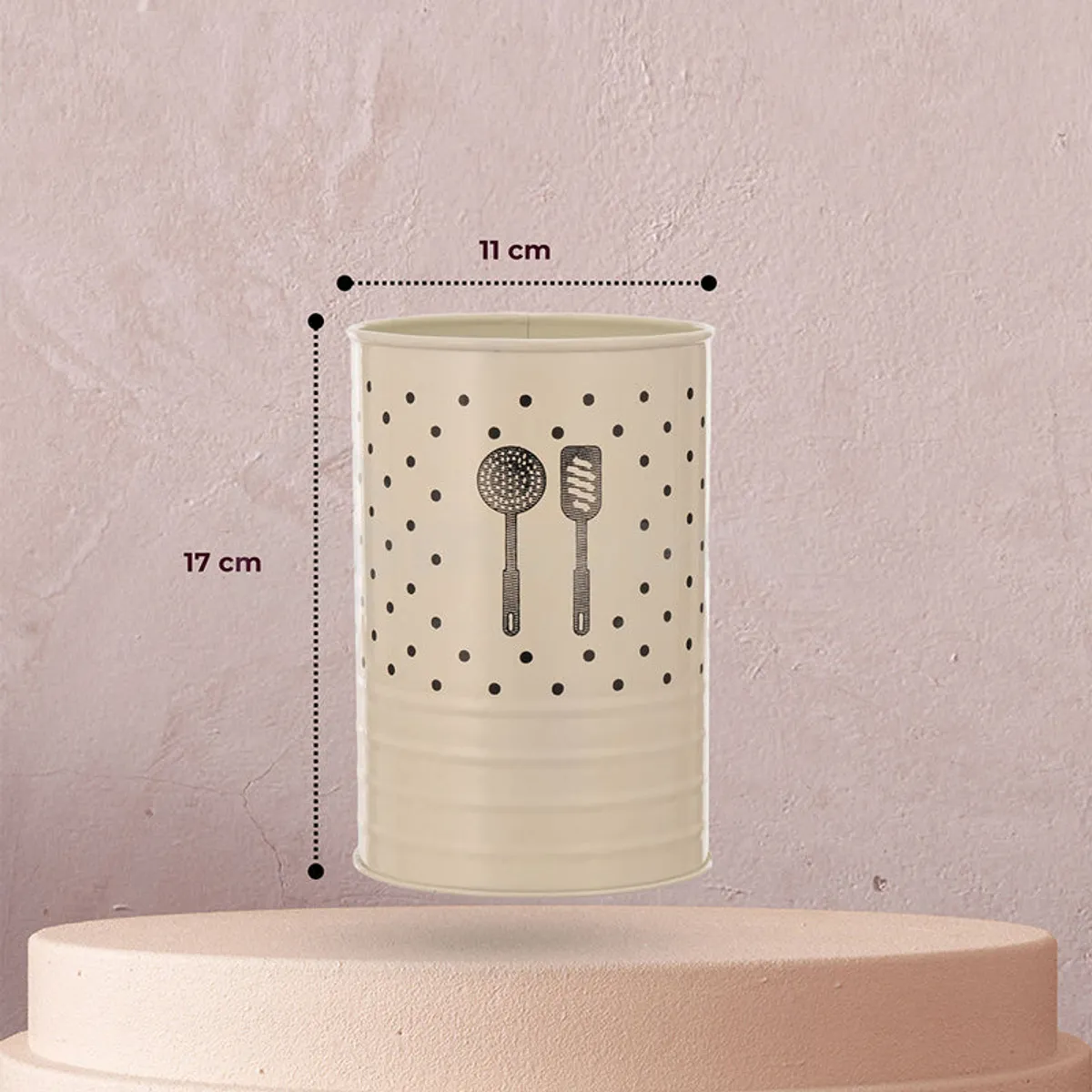 White cutlery stand shown with a visible 11 cm width and 17 cm height diagram
