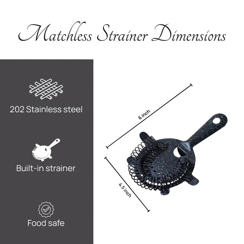 Speckled black cocktail strainer with perforated bowl and handle