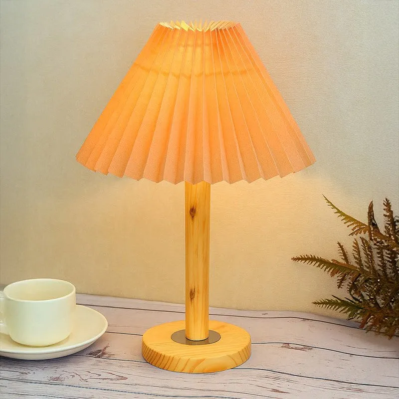 French Pleat Wooden Table Lamp - Beige media 1