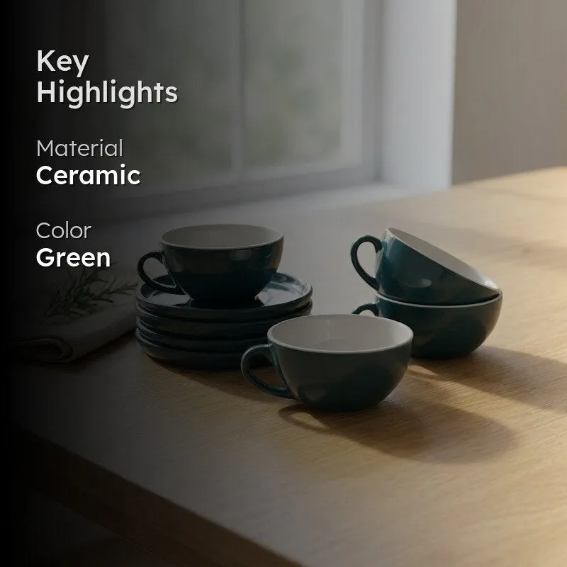 Ceramic Cup & Saucer (Deep Green/240 mL Each) - Set of Four media 2