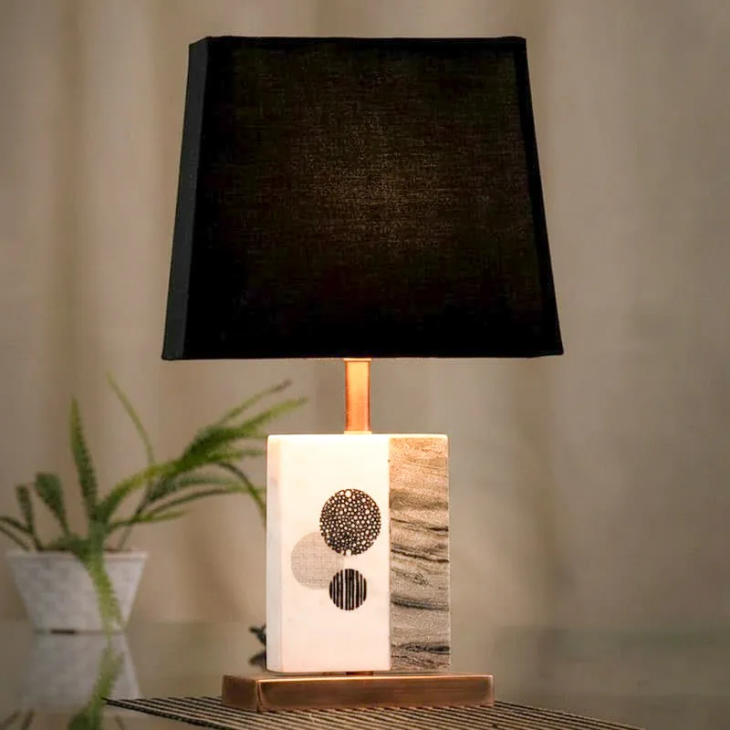 Blaze Printed Fabric Table Lamp With Marble & Copper Base - Black,White media 1