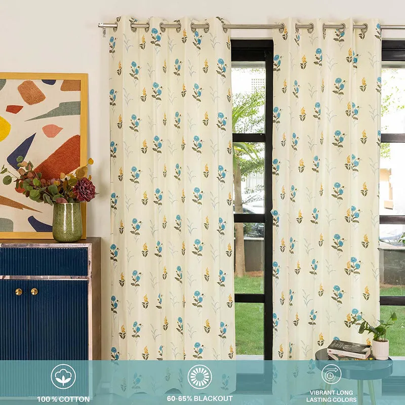 blue and white cotton translucent curtains in lifestyle view with floral printed pattern