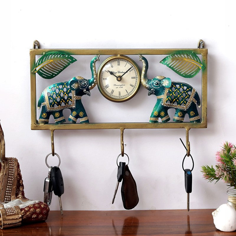 Elephant Frame Key Holder Accent Metal Wall Clock