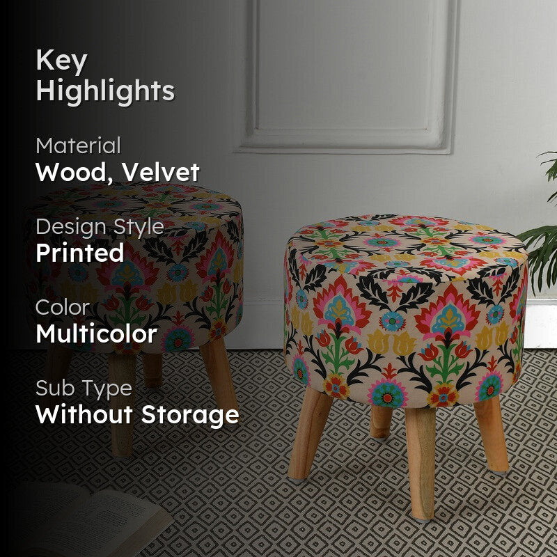 Avira Leaf Print Multicolor Engineered Wood Ottomans - Set Of Two media 2