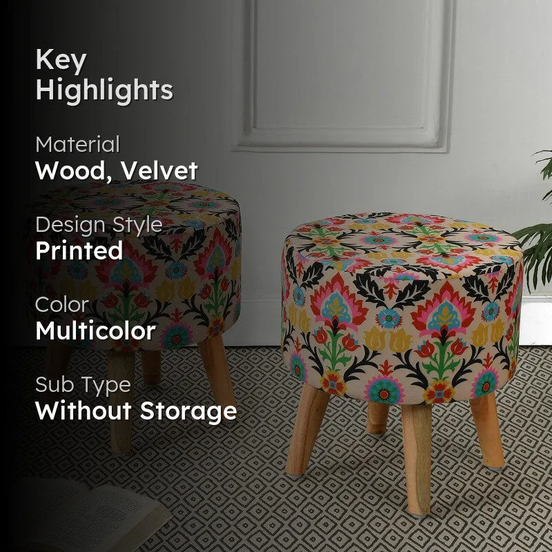 Avira Leaf Print Multicolor Engineered Wood Ottomans - Set Of Two media 2