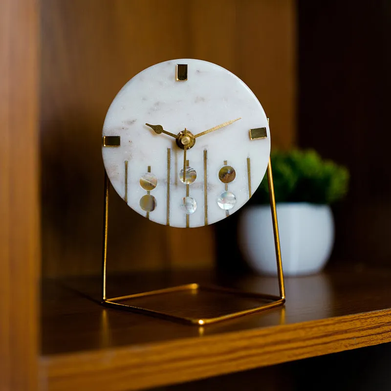 Moderna Marble Table Clock With Brass Inlay - White, Gold media 6