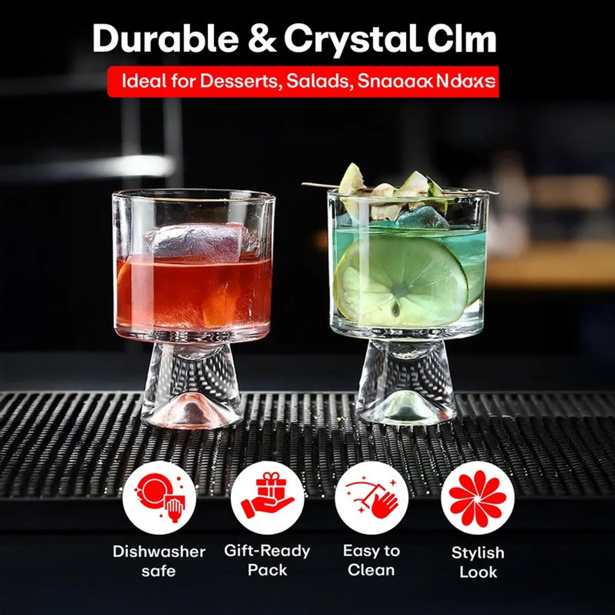 Two clear footed glasses filled with colourful drinks