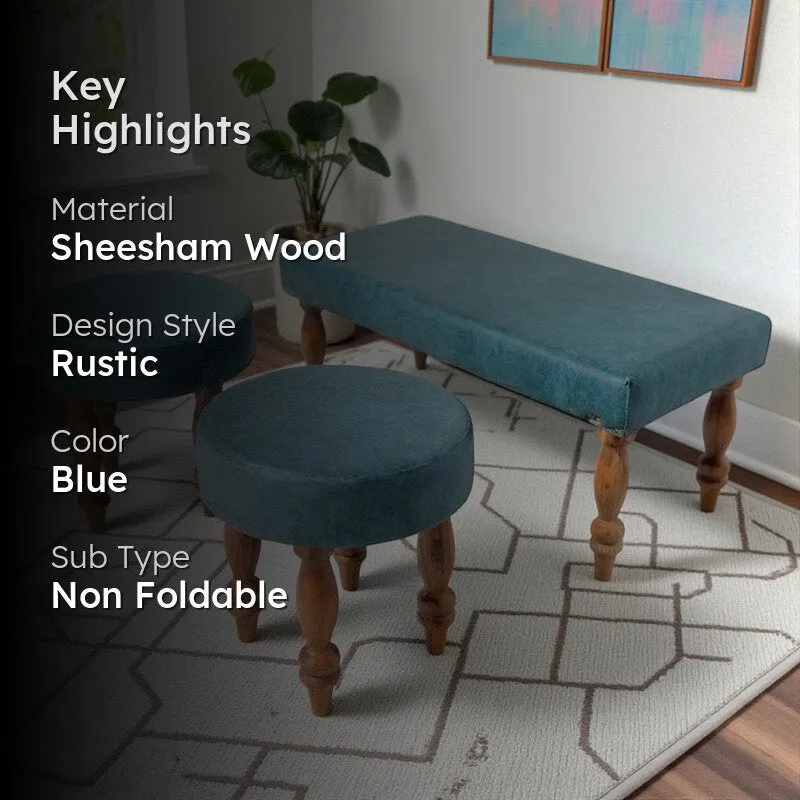 Dexon Sheesham Wooden Bench with Stools (Blue) - Three Piece Set media 2