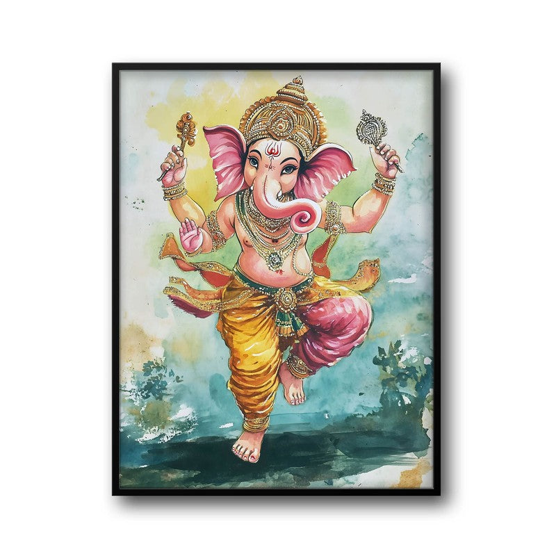 Nritya Ganesha Spiritual Archival Paper Wall Painting With Frame - Black media 6