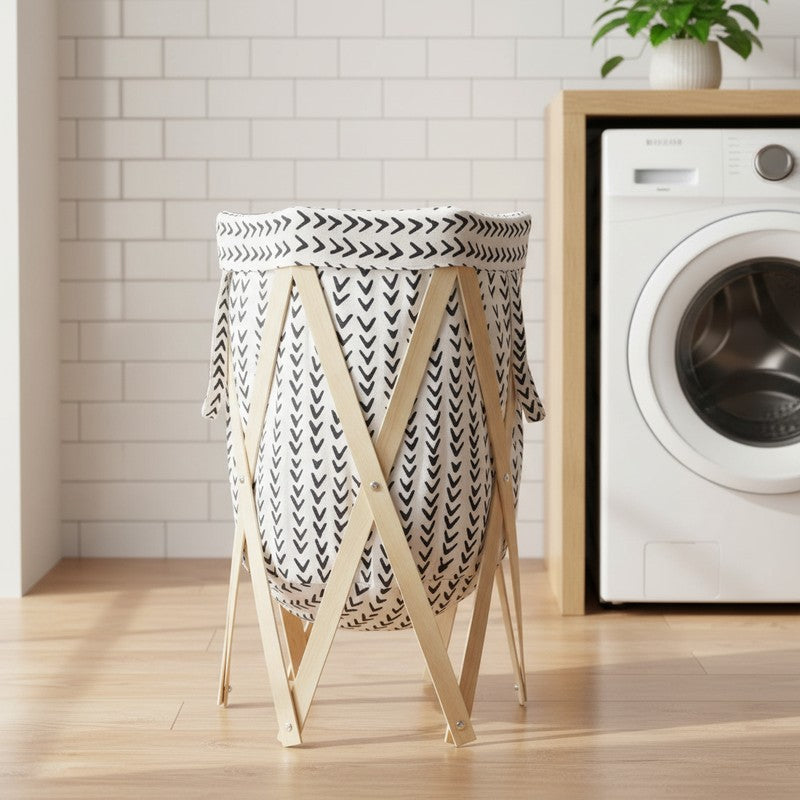 Wash Aura (Cotton,Wood) Laundry Basket - White