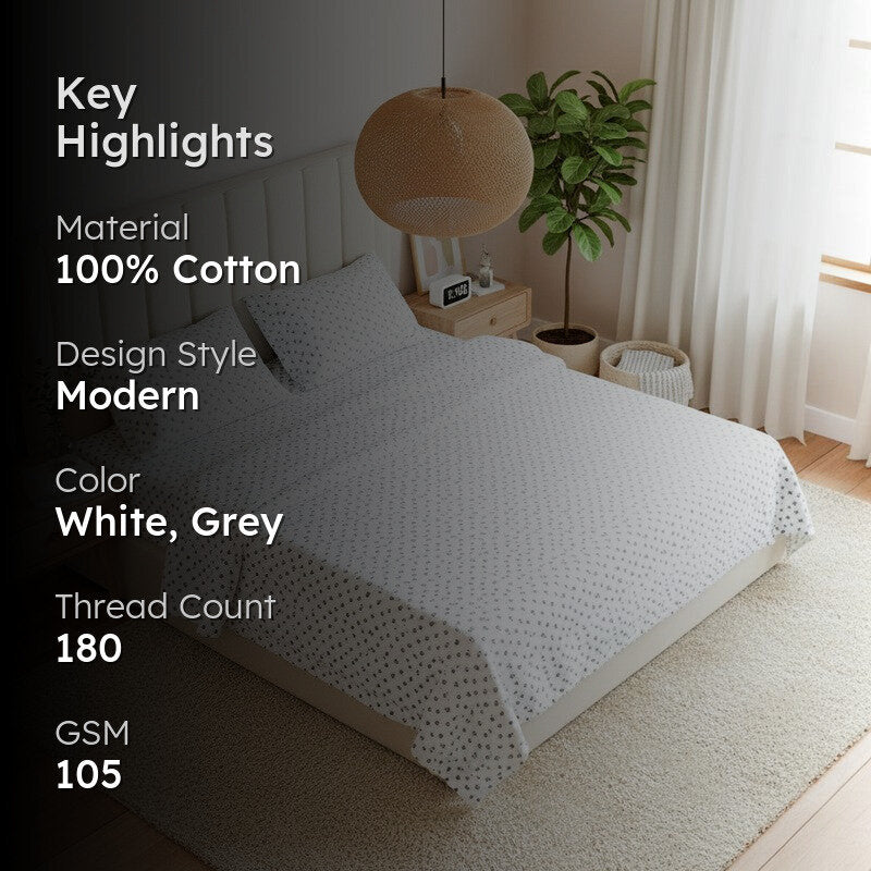 Serene Blooms Cotton Bedsheet (Grey) - 180 TC media 2
