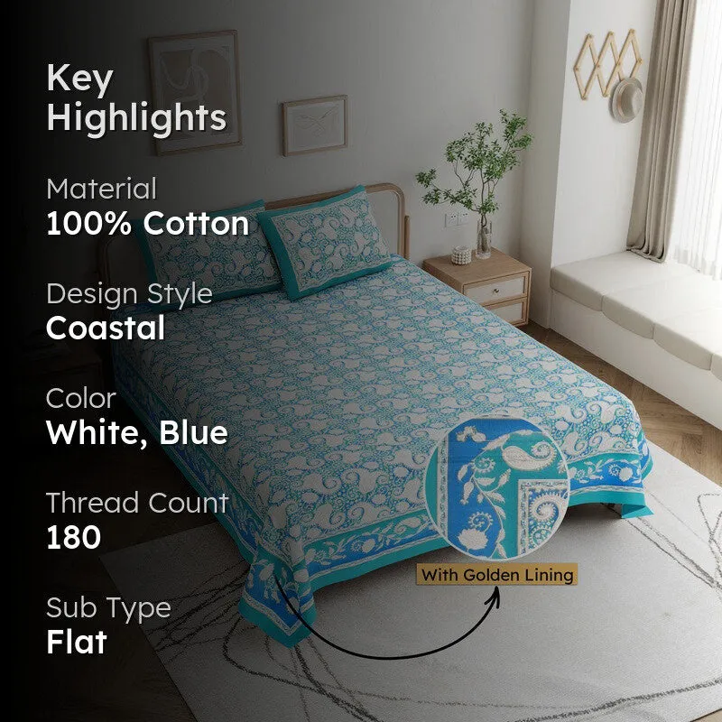 Mango Muse Cotton Bedsheet (White,Sky Blue) - 180 GSM media 2
