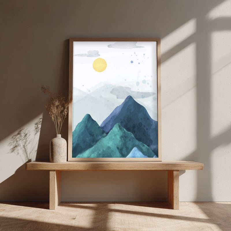 Azure Peaks Archival Paper Wall Art - Natural Brown Frame