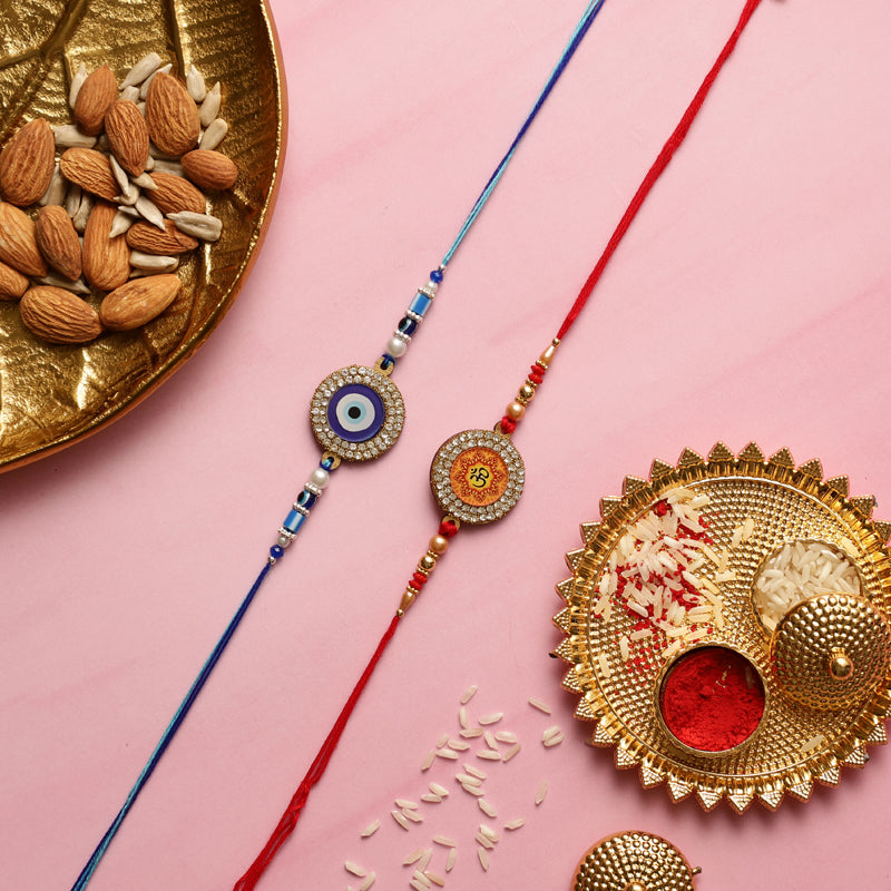 Aum & Nazar Rakhi with Roli Chawal - Three Piece Set