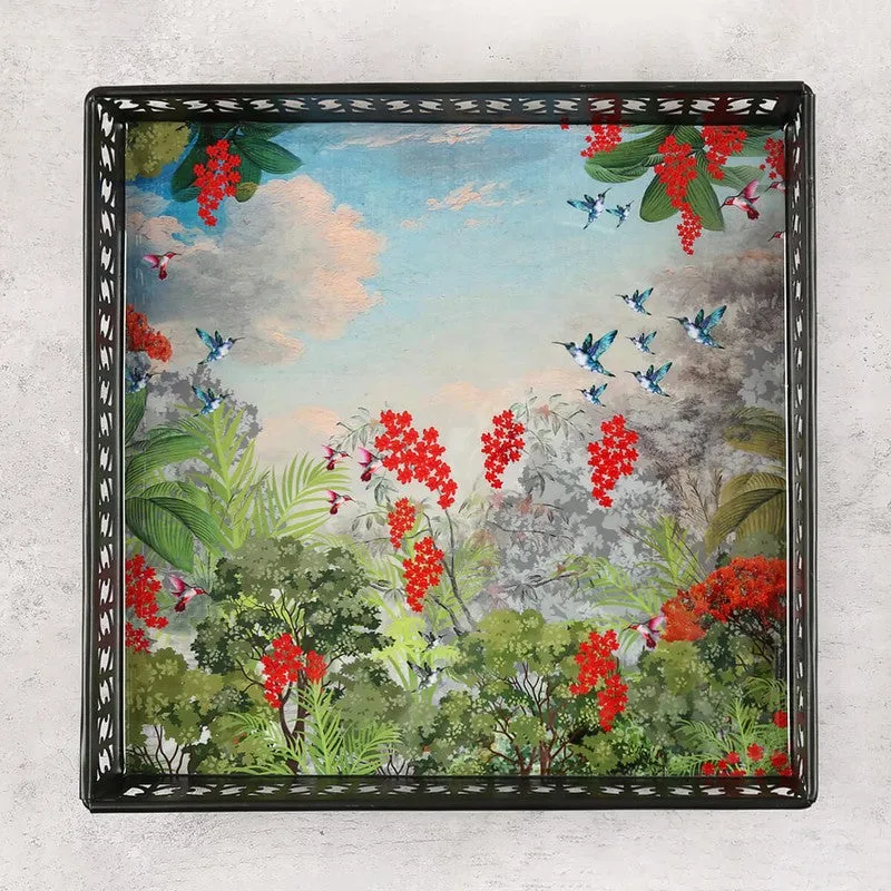 India Circus Tropical Multicolor Square Galvanized Iron Serving Tray media 3