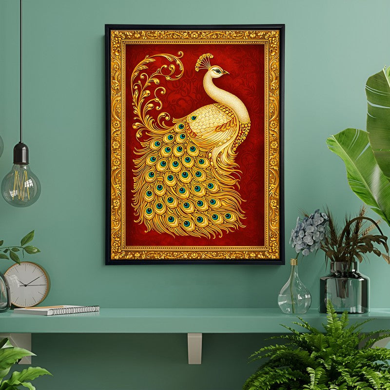 Tanjore Golden Peacock Canvas Wall Painting With Frame