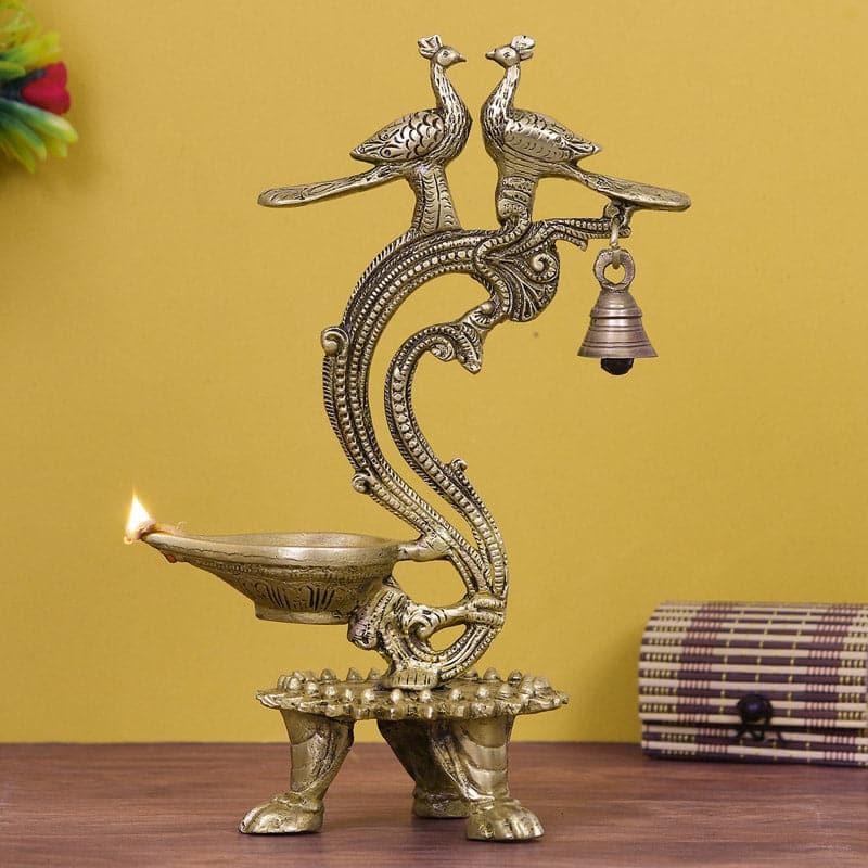 Peacock Couple Brass Diya With Bell - Gold