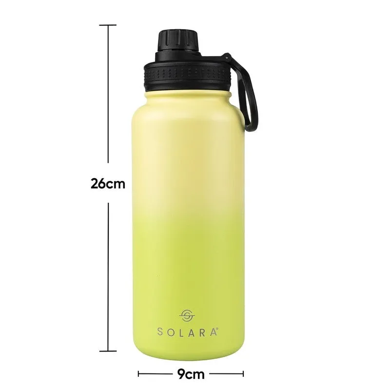 Yellow bottle with dimension markers shown against a white background