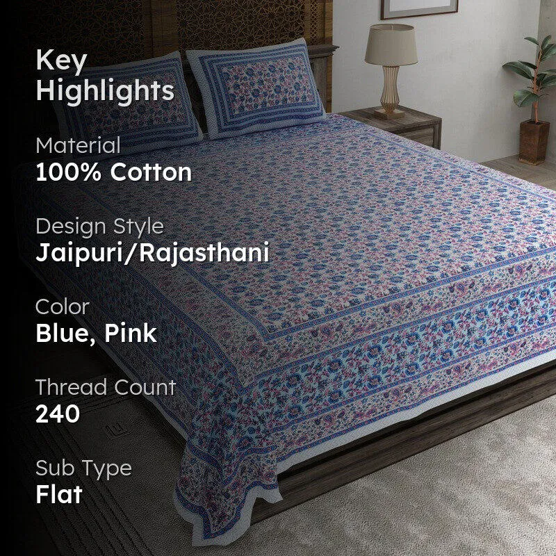 Crafton Cotton Bedsheet (Blue,Pink) - 240 TC media 2