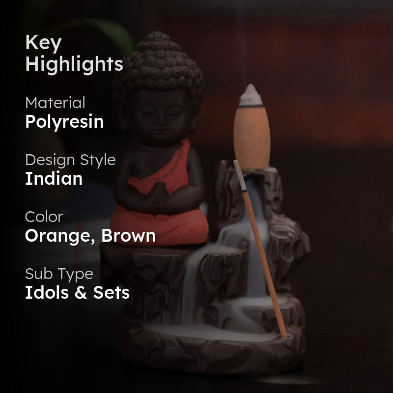 Baby Buddha Monk Polyresin Smoke Fountain - Orange & Brown media 2