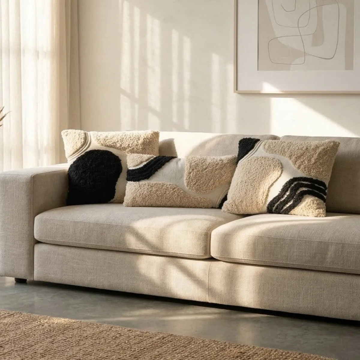 Three black, white and off-white tufted cushion covers styled on a light sofa