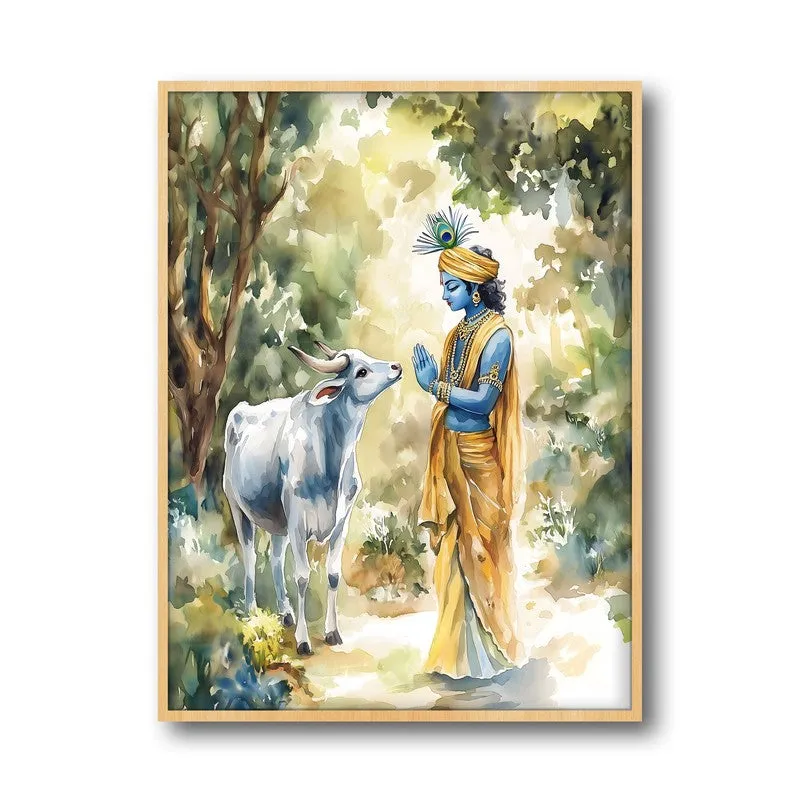 Shri Gopala Krishna Spiritual Archival Paper Wall Painting - Natural Brown Frame media 5