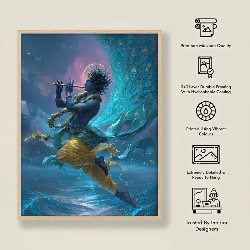 Lord Krishna in Celestial Radiance Archival Paper Wall Art - Natural Brown Frame media 8