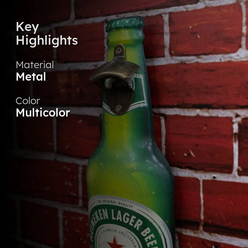 Close-up of Heineken bottle-shaped opener with key highlights overlay