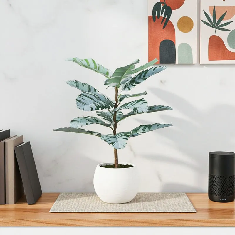 Faux White Calathea Plant With Black Plastic Pot - 2.46 ft media 1