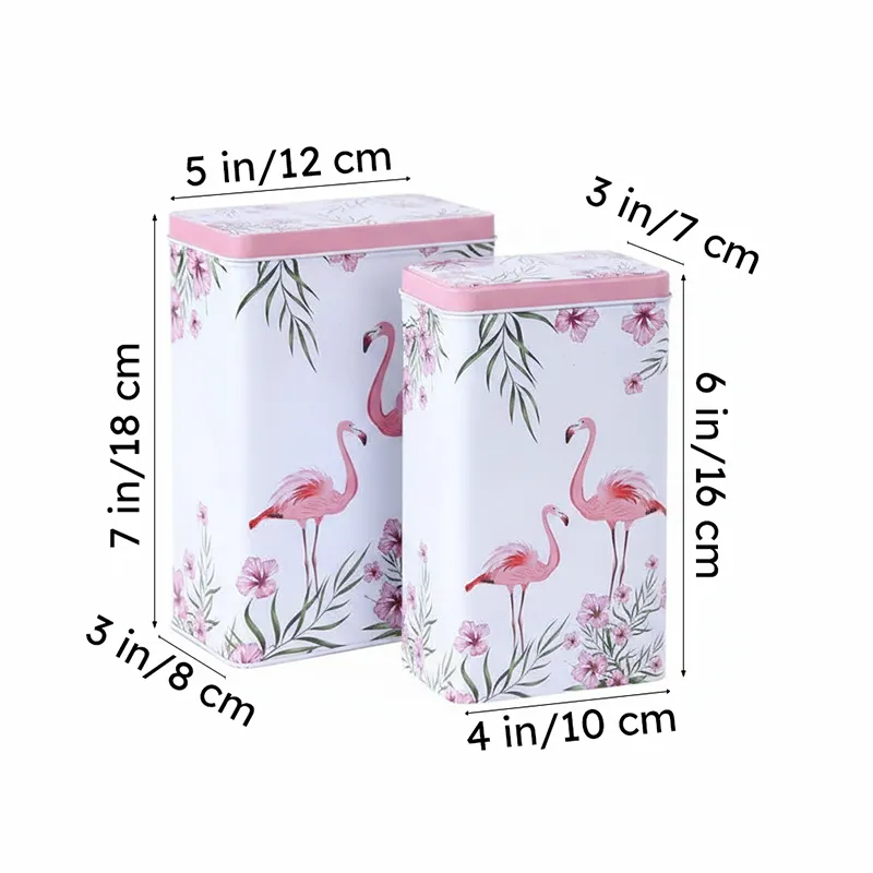 Two rectangular storage boxes with printed dimensions marked around them