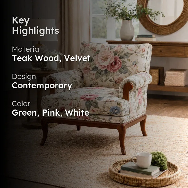 Akira Teak Wood & Velvet Lounge Chair media 2