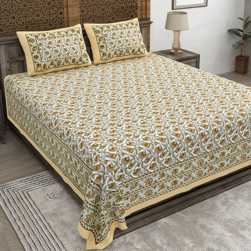 Lineet Cotton Bedsheet (Olive Green,Yellow) - 240 TC media 1