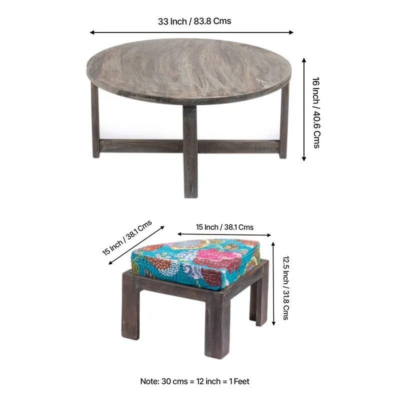 Jervon Sheesham Wooden Center Table with Stools and Cushions (Grey,Green) - Nine Piece Set media 12