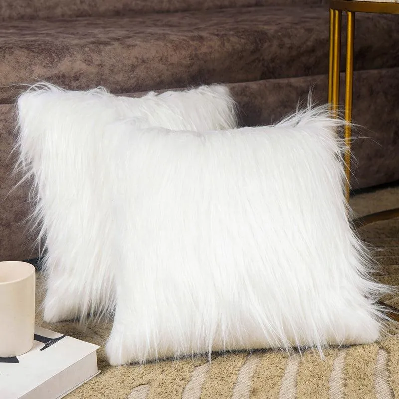 Velvuro Faux Fur Solid Cushion Cover (White) - Set Of Two media 1