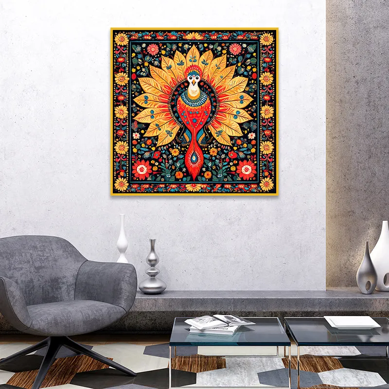 Peacock Trance Canvas Wall Painting With Frame - Gold media 5