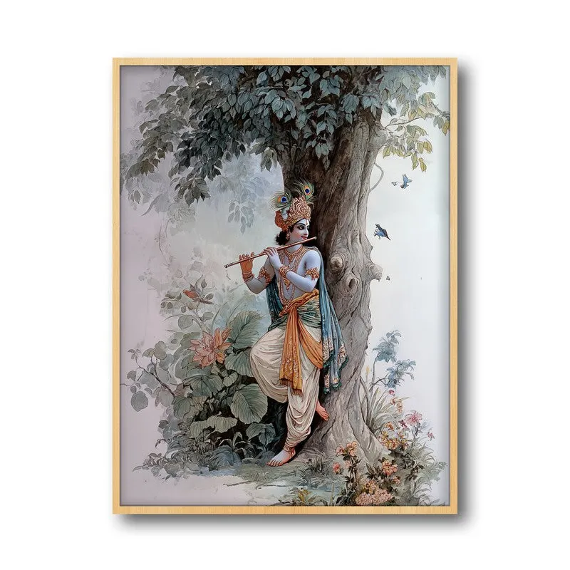 Sri Krishna Fluit Playing Blissful Archival Paper Wall Art - Natural Brown Frame media 5