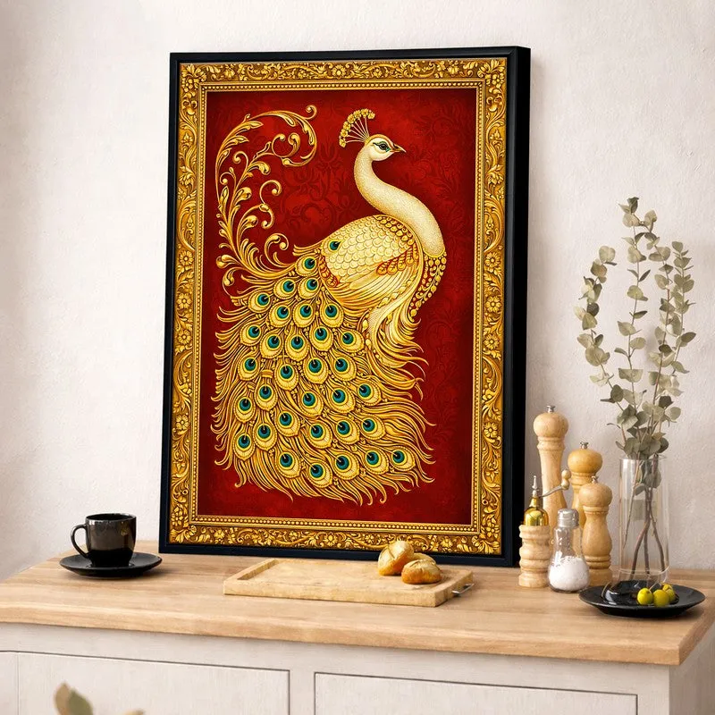 Tanjore Golden Peacock Canvas Wall Painting With Frame media 5