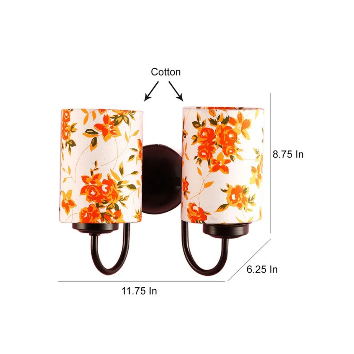 Dual floral wall lamp with cotton shades shown with dimension markings