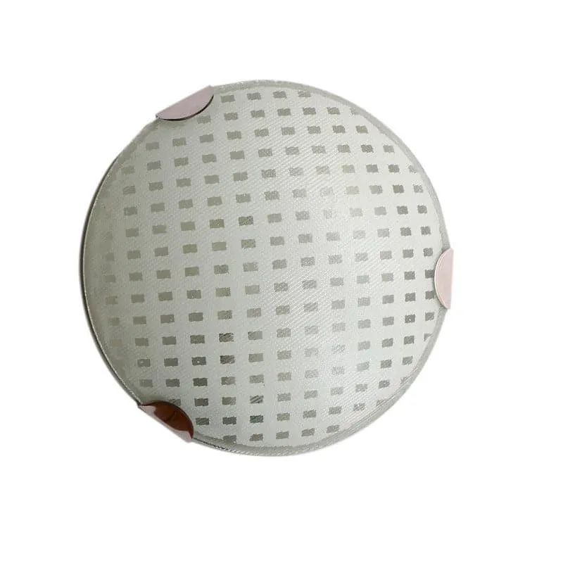 Round white and silver glass wall lamp with a subtle grid pattern on a plain background