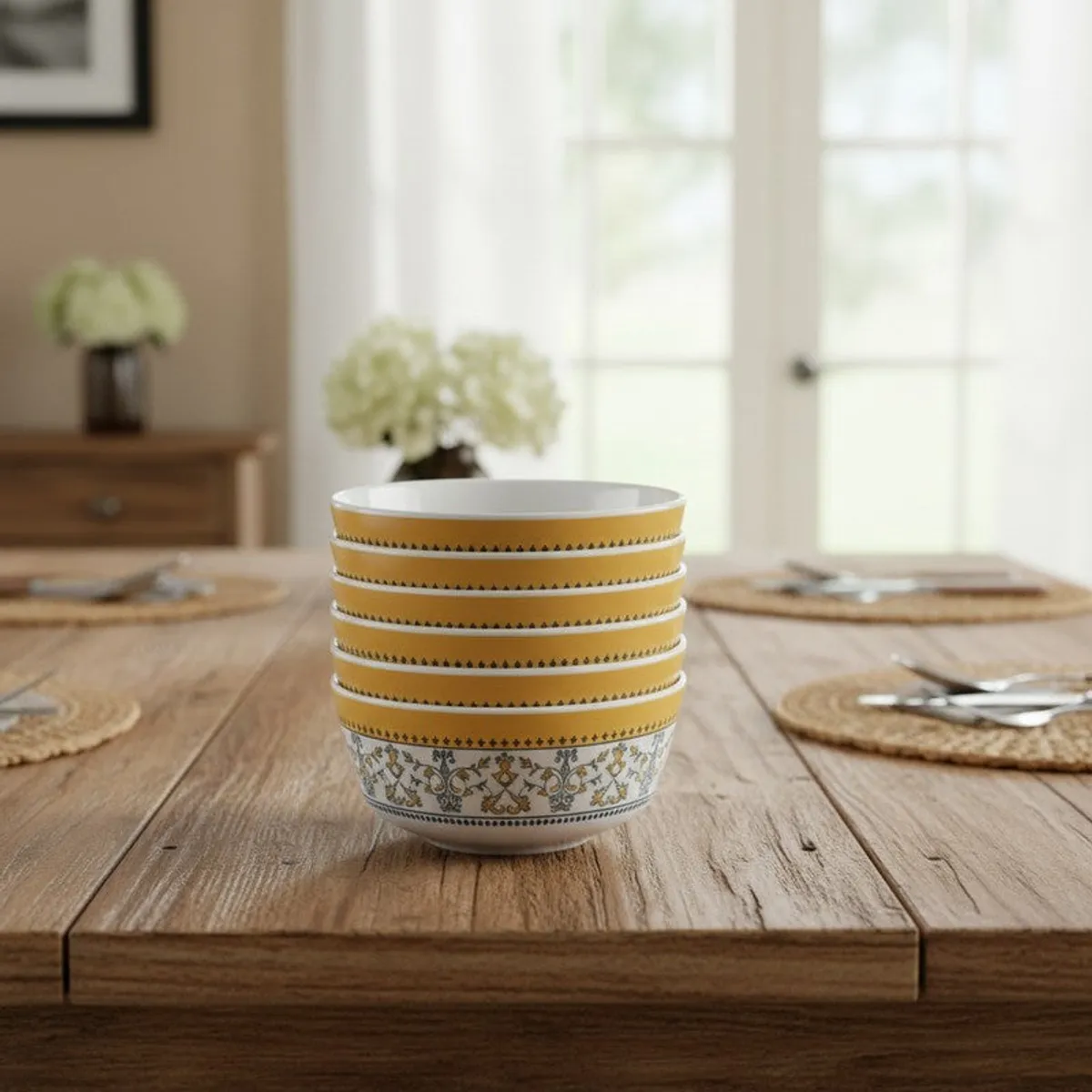Stack of six yellow and white patterned snack bowls on a wooden dining table.